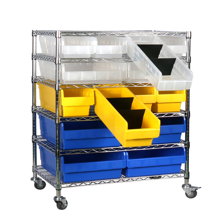 Wire shelving trolley with shelfull bins