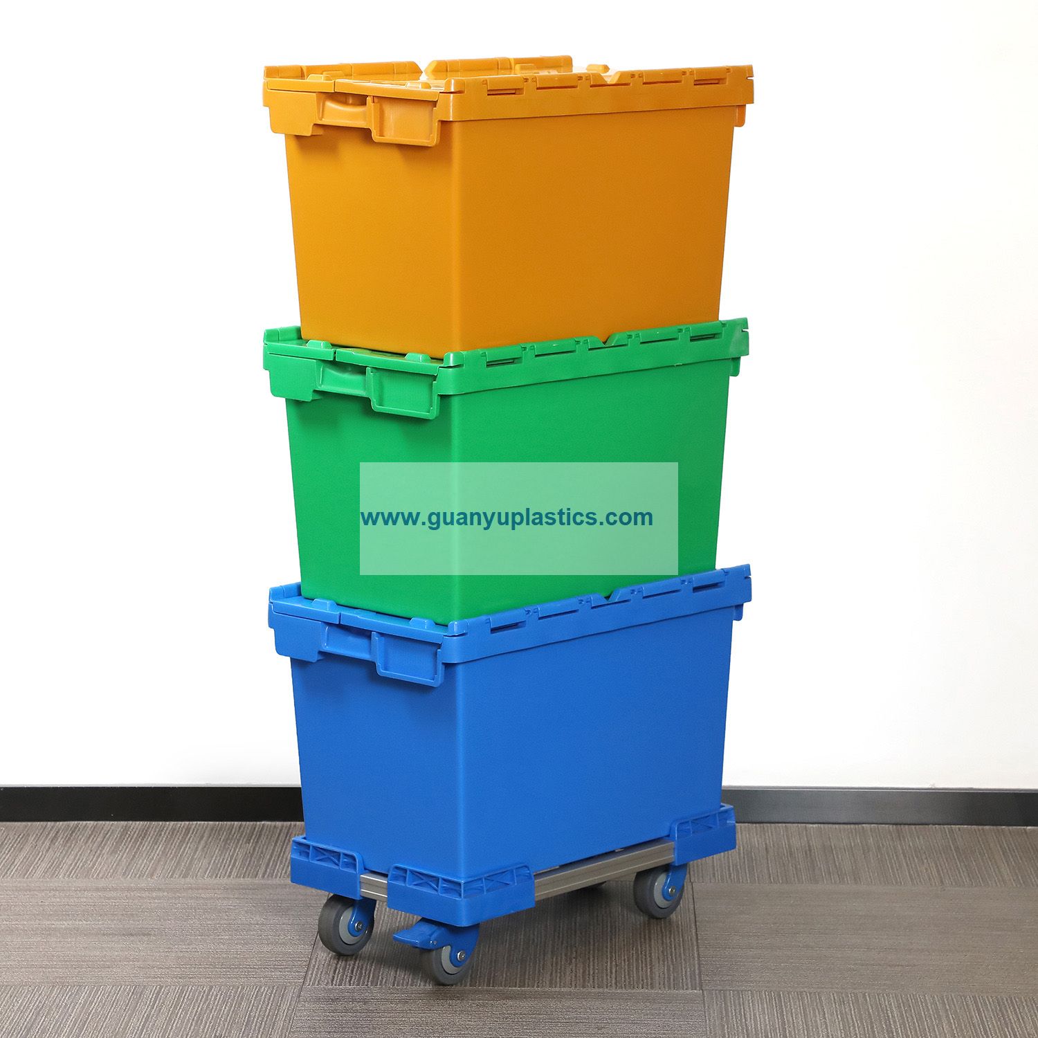 Plastic storage container, Attached lid container, Storage container, Nesting container, Plastic crate, Attached lid crate, Industrial distribution container, Storage tote, Plastic moving box